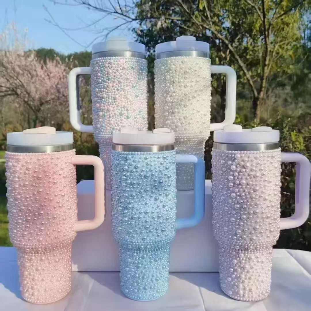 Cross border 304 stainless steel insulated cup with diamond inlay 40oz handle, vacuum ice cream cup, portable car cup wholesale