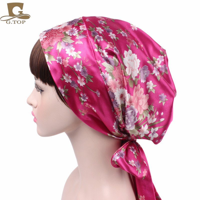 Ladies' polyester printed ribbon bow headband hat, sleeping hat, silk chemotherapy hat, long tail braid hat