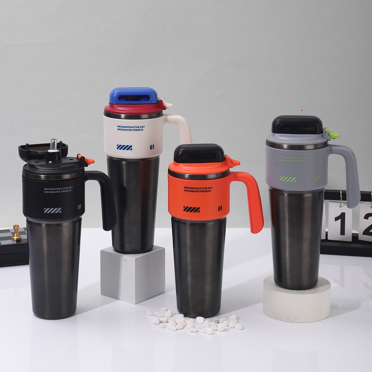 High appearance insulated cup, stainless steel ice cream cup, one click open lid water cup with handle, straw, car cup