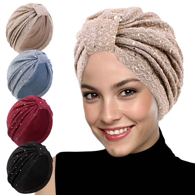 Cross border hat, women's sequin wrinkled cloth knotted headscarf hat, ethnic Baotou cloth hat, chemotherapy hat JDT-433E