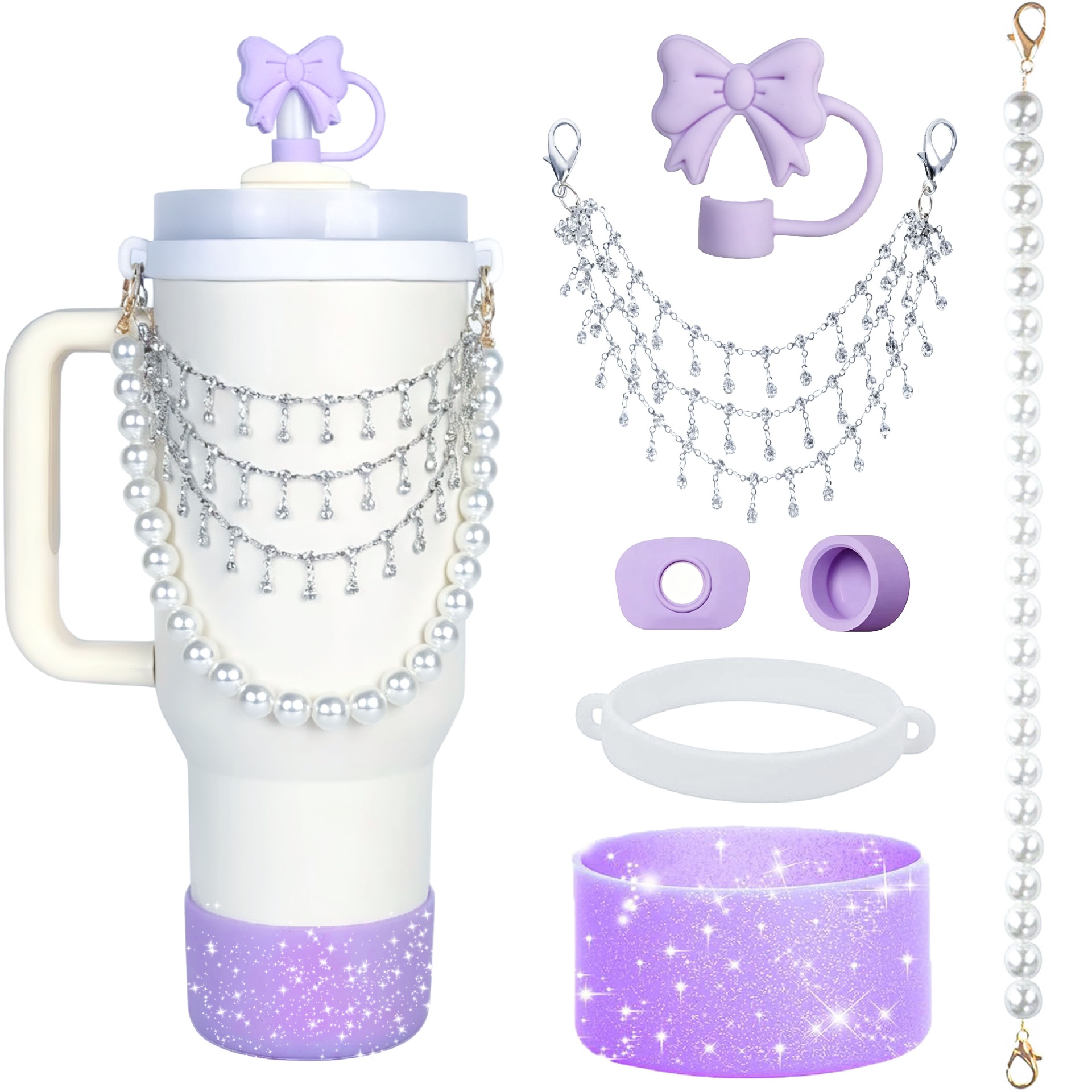 Water cup accessories, decorative bow, diamond chain combination set, insulated cup, silicone protective cover, cup cover