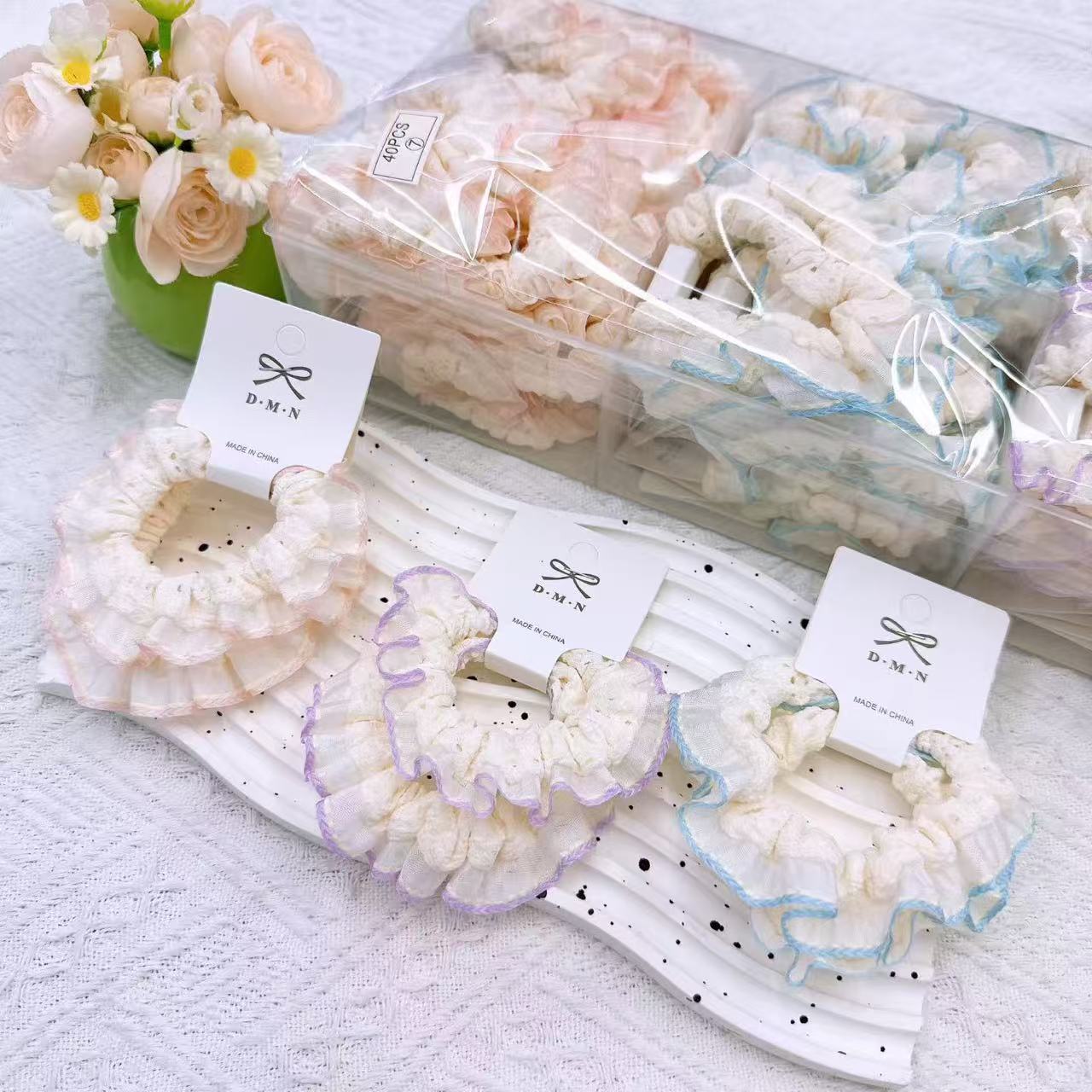 New colorful girl gauze small intestine loop cute chiffon edge hair loop high elasticity rubber band two pieces of commercial super hair accessory New colorful girl gauze small intestine loop cute chiffon edge hair loop high elasticity rubber band two pieces of commercial super hair accessory