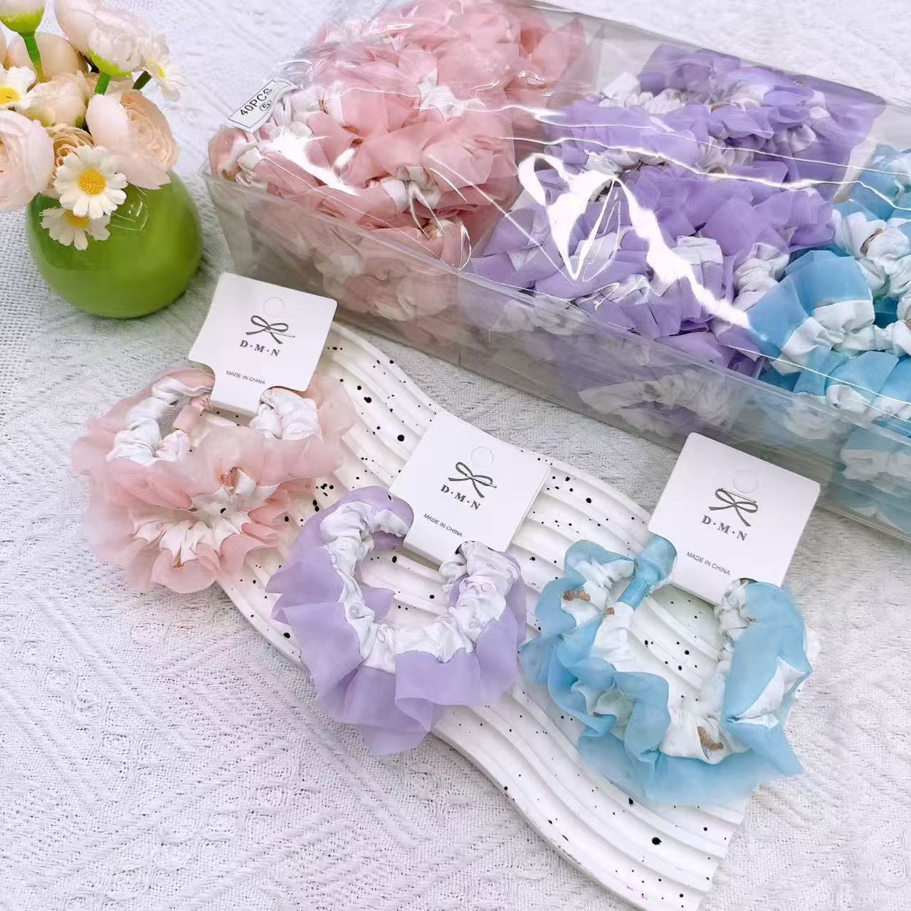 New colorful girl gauze small intestine loop cute chiffon edge hair loop high elasticity rubber band two pieces of commercial super hair accessory New colorful girl gauze small intestine loop cute chiffon edge hair loop high elasticity rubber band two pieces of commercial super hair accessory