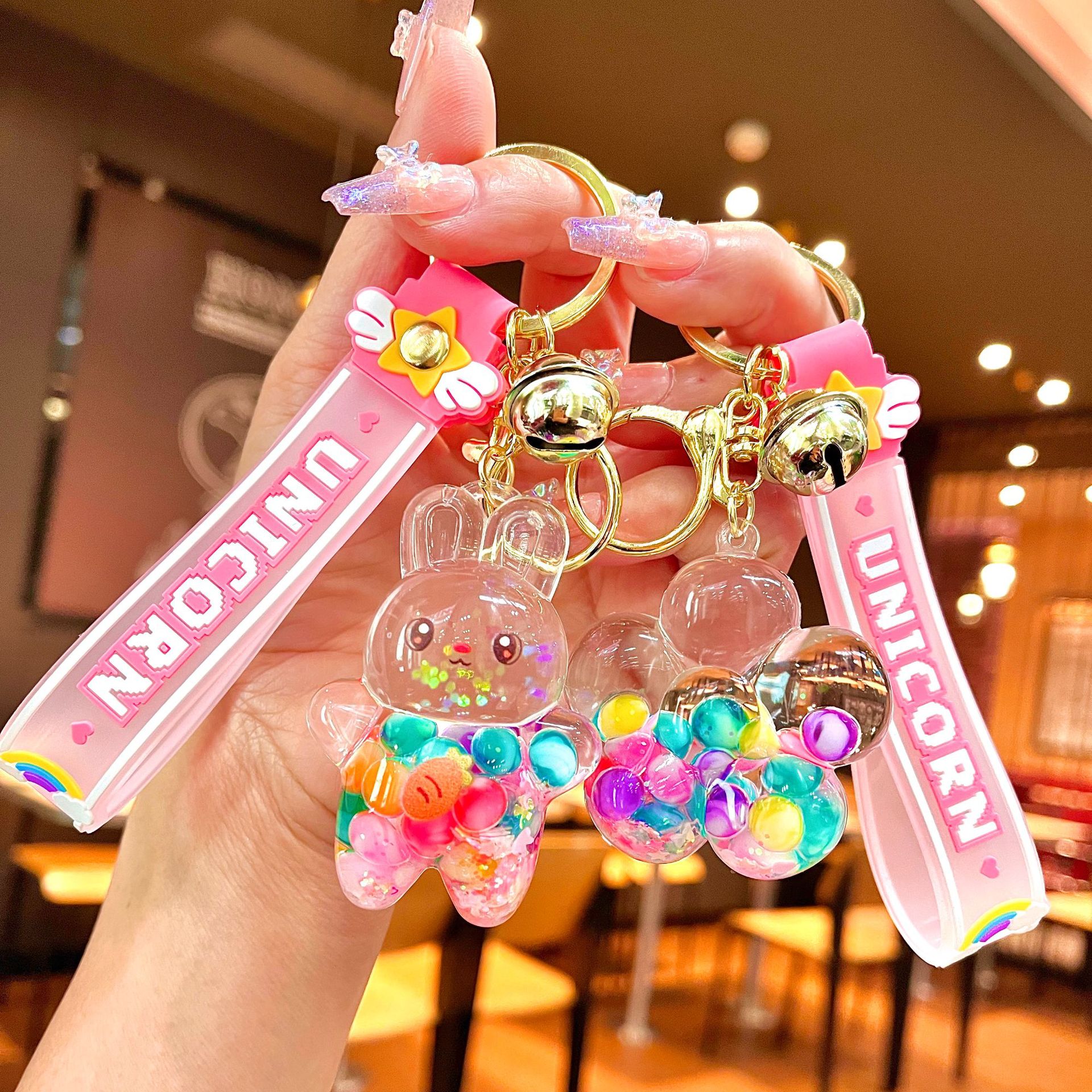 Creative Cartoon Night Light Oil Bottle Rainbow Candy Bean Flowing Sand Bottle Keychain Car Keychain Bag Pendant Wholesale