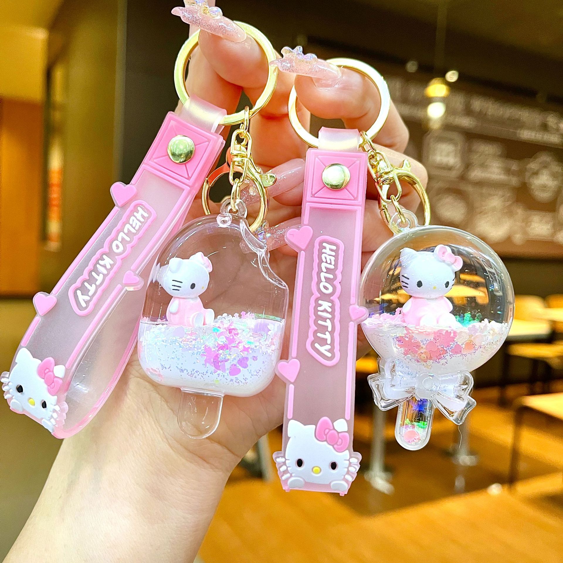 Cartoon KT Cat Cute Flowing Sand Oil Keychain Backpack Pendant Creative Ice Cream Exquisite Couple Car Keychain
