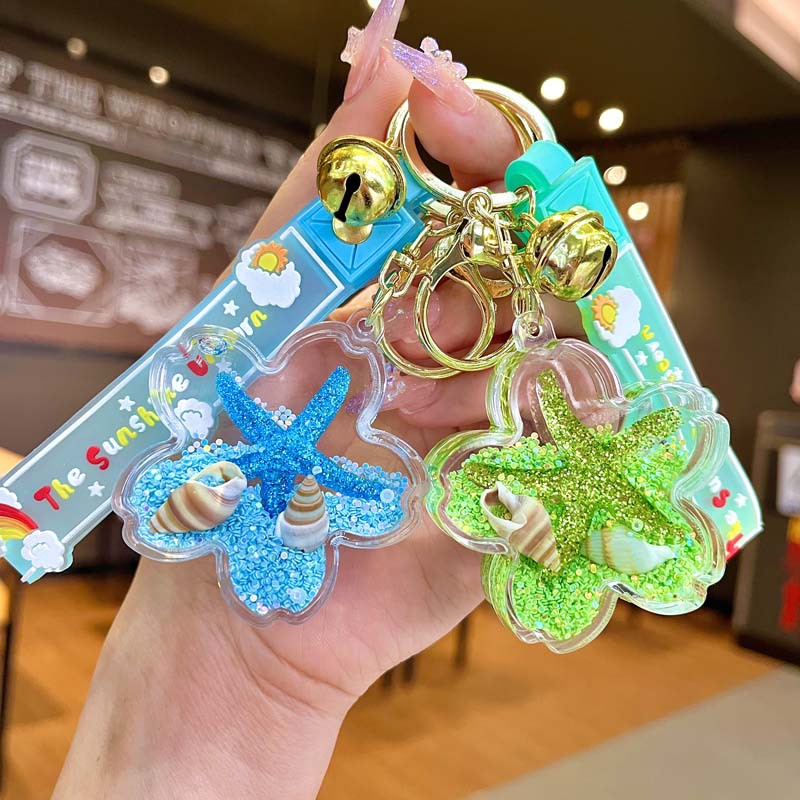 Creative starfish flower oil keychain, quicksand bottle keychain, bag pendant, hanging decoration, conch shell keychain