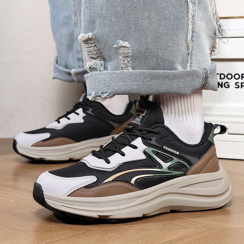 Cross border plus size fashionable outdoor trend thick soled shoes with leather surface, low cut contrasting color lace up sports shoes, student running men's shoes