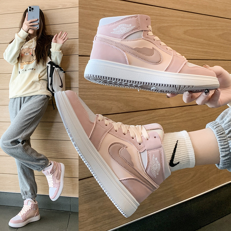 AJ women's shoes 2025 autumn and winter cherry blossom pink soft sole high top velvet sports shoes, student versatile casual shoes, anti slip board shoes