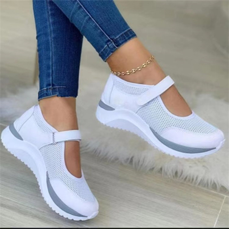 2025 Cross border New Foreign Trade Casual Single Shoes for Women, Thick Bottom Flyknit Breathable Velcro Casual Mesh Large Women's Shoes