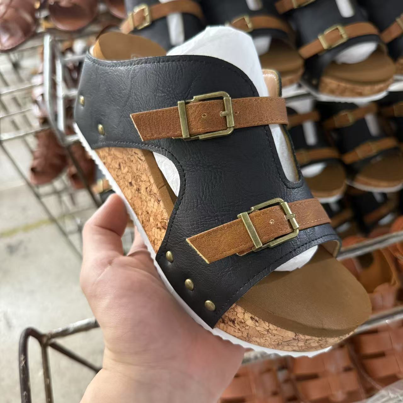 Foreign trade plus size thick sole sloping heel straight strap slippers 2025 summer new style buckle strap light foam bottom beach open toe women's shoes