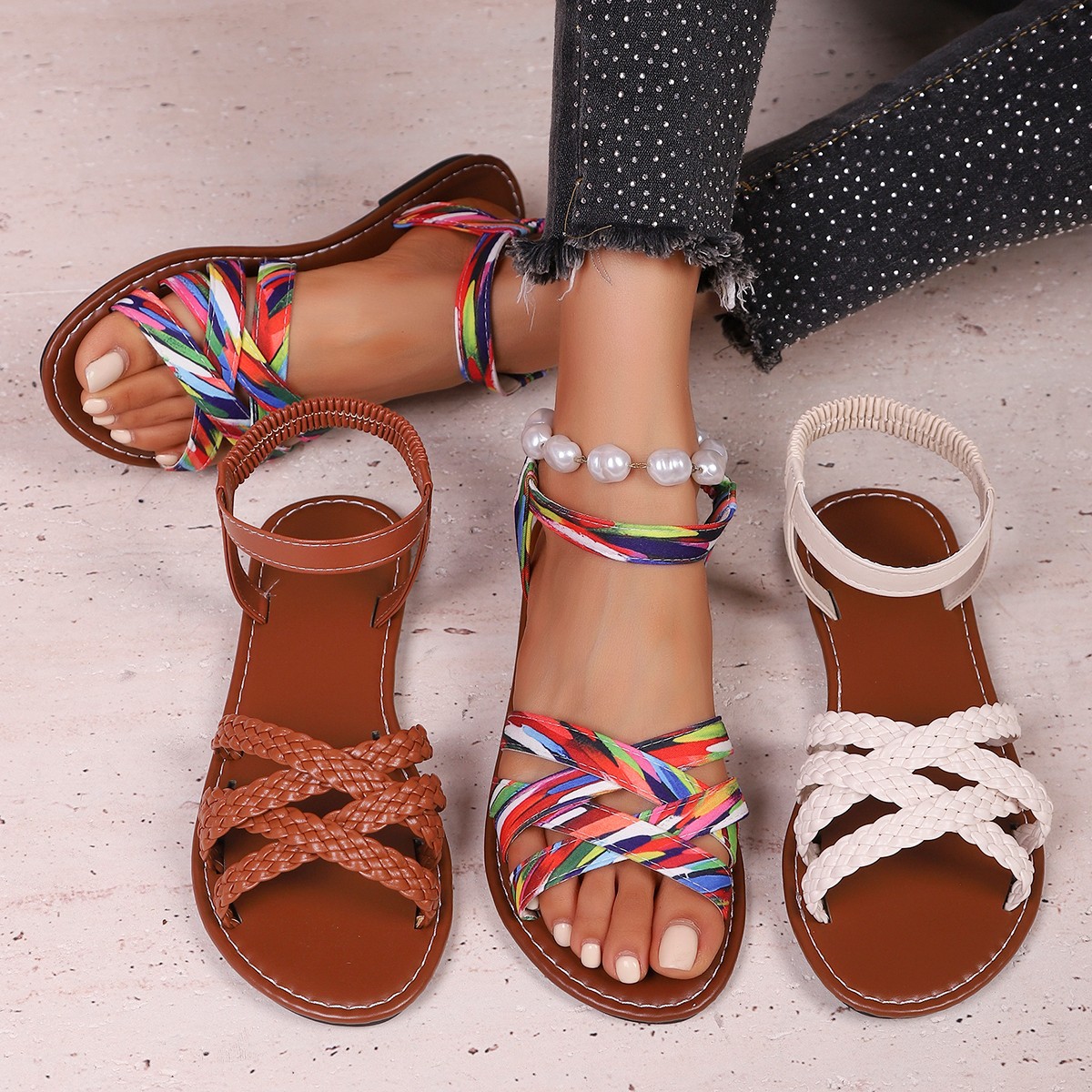 2025 Cross border Foreign Trade Large Size New Woven Strap Flat Flat Strap Sandals for Women White Black Brown Flat Head