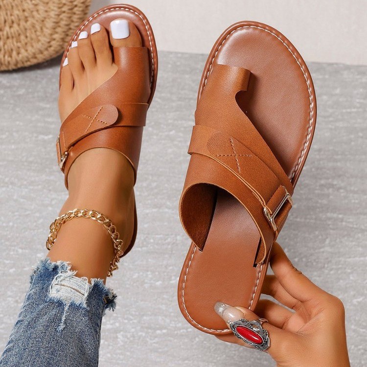 European and American 2025 Foreign Trade Summer New Large Women's Shoe Cover Toe Fashion Flat Heel Casual Women's Cool Slippers Foreign Trade
