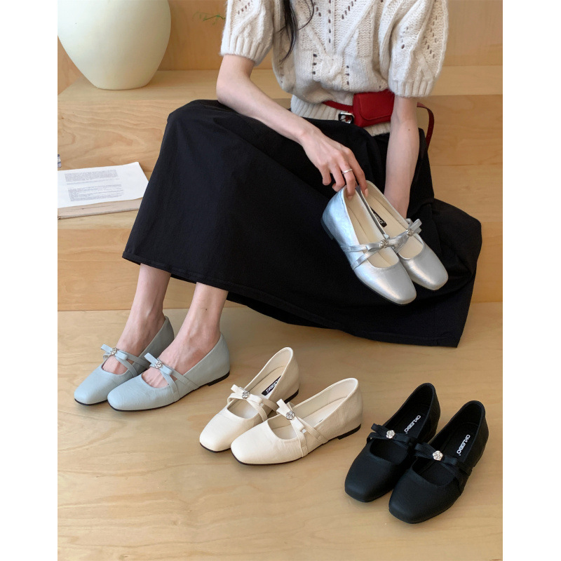 French Sweet Style Square Head Mary Jane Shoes Women's Flat Bottom Bow Shallow Mouth Single Shoes Versatile Ballet Shoes Women's Shoes