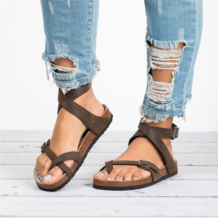 Wish Amazon 2025 Summer European and American Large Sandals Cork Bottom Roman Toe Strap Buckle Wrap Sandals for Women
