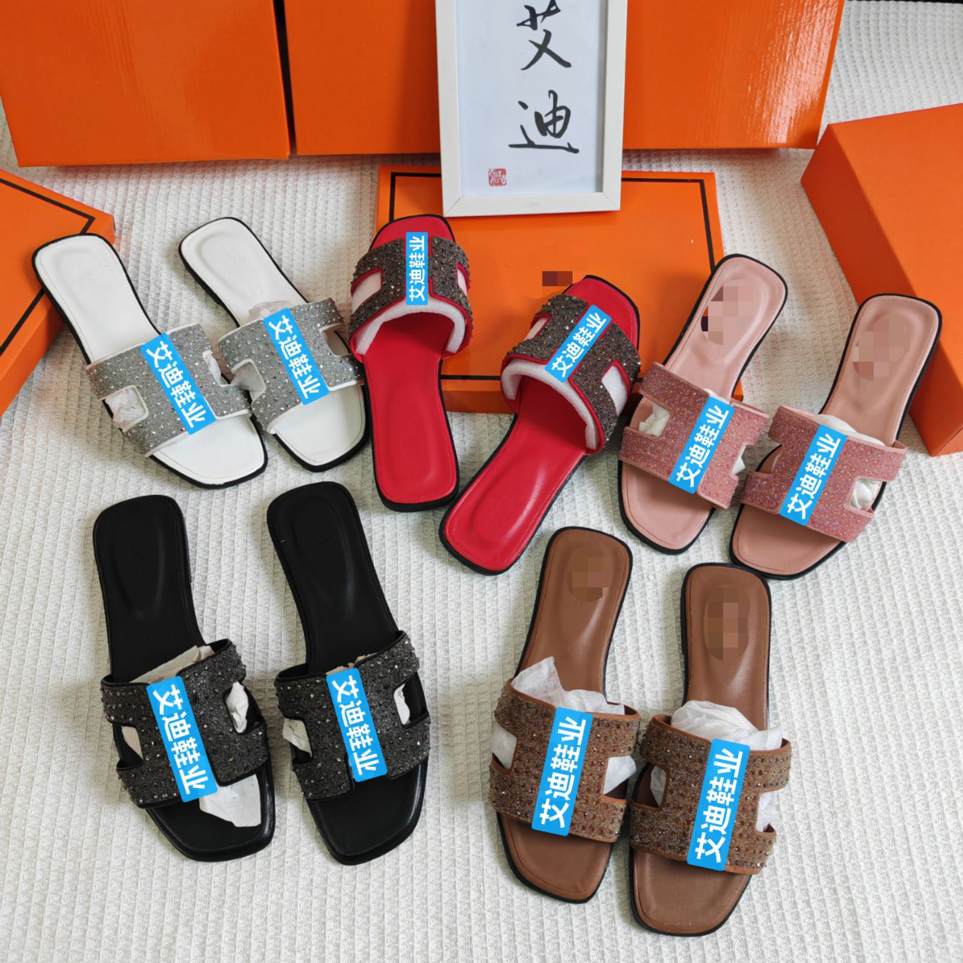 Cross border H-shaped slippers with rhinestones for women's summer flat slippers Sandals Slippers