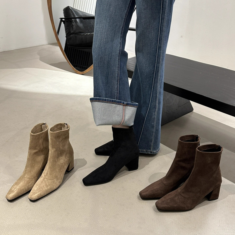 Coarse heeled high-heeled boots, khaki suede skinny short boots, women's boots, 2025 autumn and winter French style nude boots, Martin boots