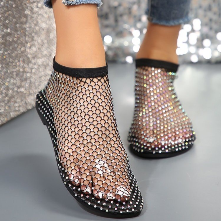 Cross border Summer New Large Round Head Mesh Diamond Sandals with Diamond Set Short Boots Flat Bottom Hollow Sandals Women's Independent Station