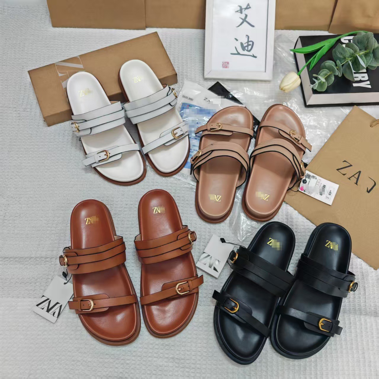 Full network popular foreign trade original order ZA home belt buckle women's sandals one line dragging sponge cake thick soled slippers flat soled shoes wholesale