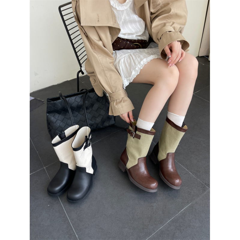 Retro belt buckle canvas cowhide midsole boots for women, 2026 autumn and winter new item, thick heel western cowboy boots, pile up boots