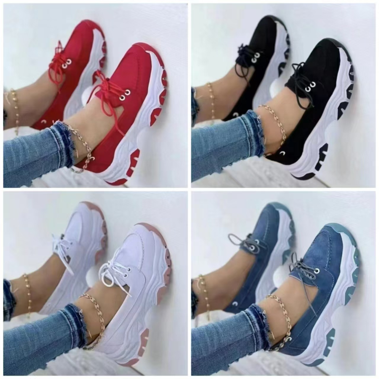 Cross border foreign trade plus size single shoe women's Spring and Autumn new round toe thick sole low top lace up flat bottom casual sports shoes for women