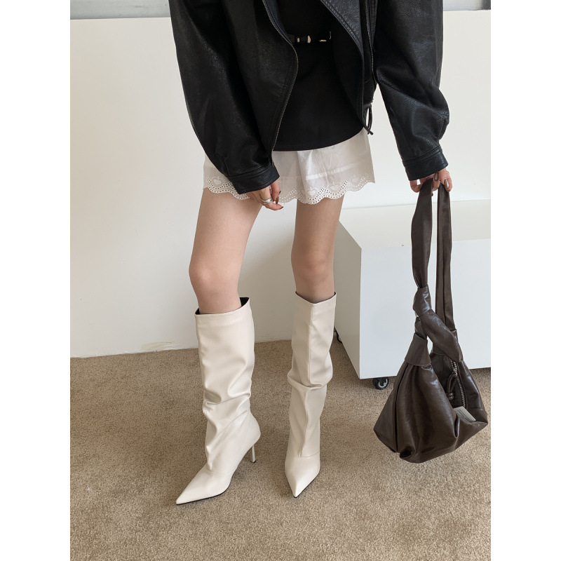 Fashionable European and American high-heeled boots with a gentle and high-end feel, pointed boots with feminine temperament, thin heels, white high tube, pleated pile boots