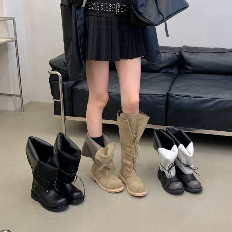 Small niche design boot mouth foldable retro strap Martin boots 2026 autumn and winter new splicing large tube circumference long tube boots