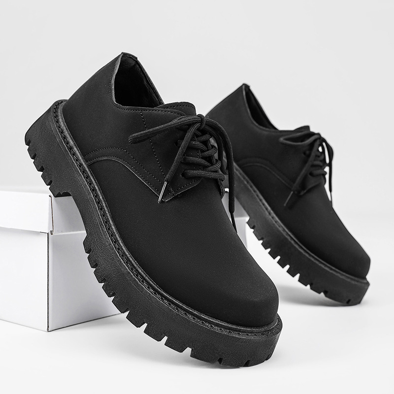 2026 Spring New Trendy British Style Casual Black Leather Shoes Waterproof Thick Bottom Big Head Classic Men's Business Shoes