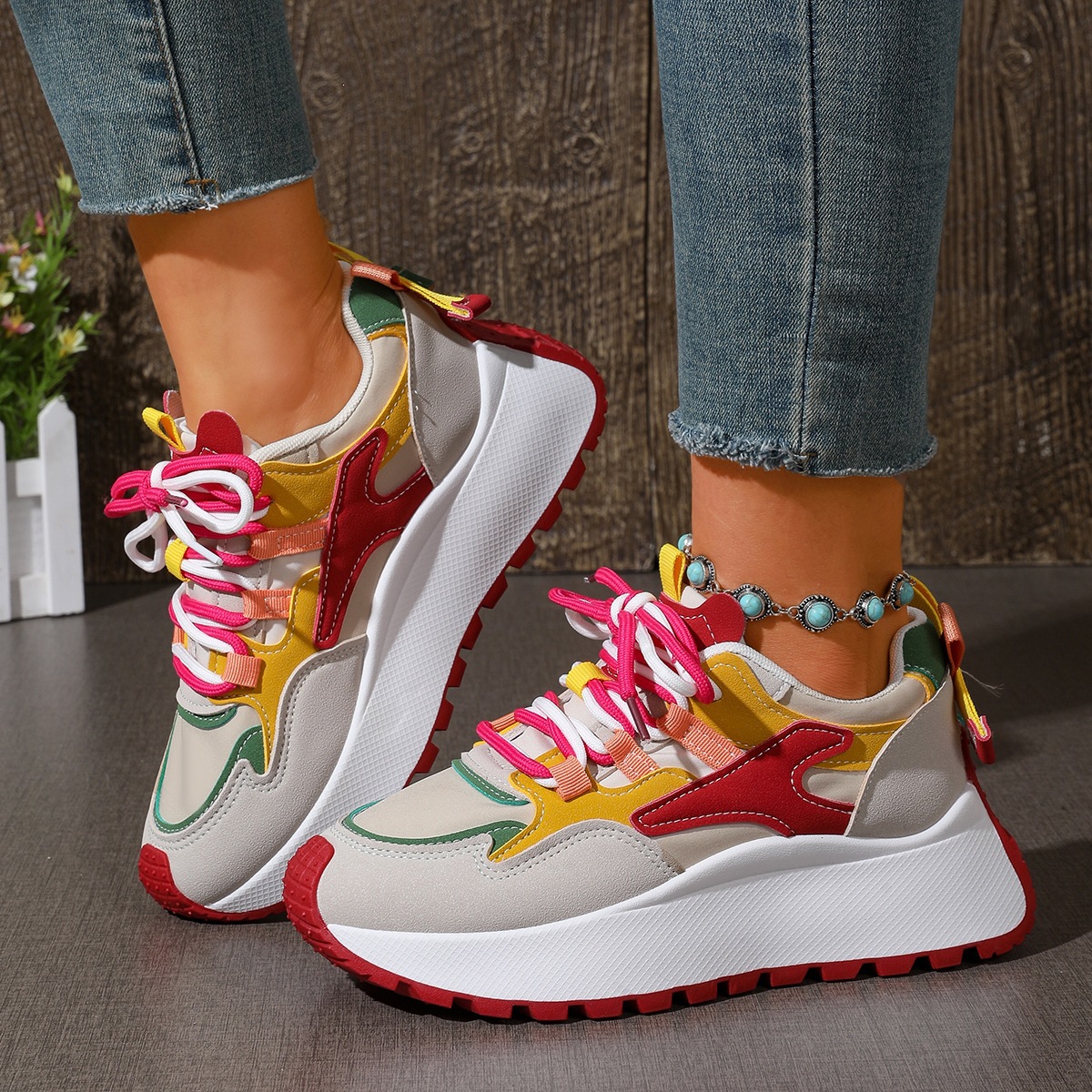 New foreign trade plus size dad shoes for women in 2026 autumn, height increasing, casual, breathable, thick sole, color blocked, versatile travel shoes for women
