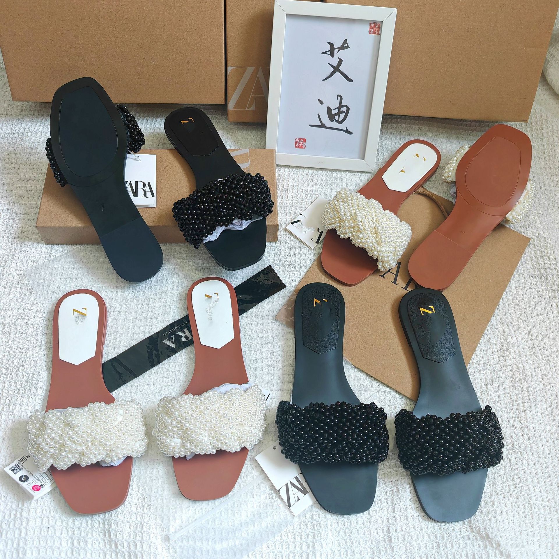 Spot foreign trade ZA original women's flat sandals with artificial pearl inlay, fashionable square head and straight strap for women's outdoor wear