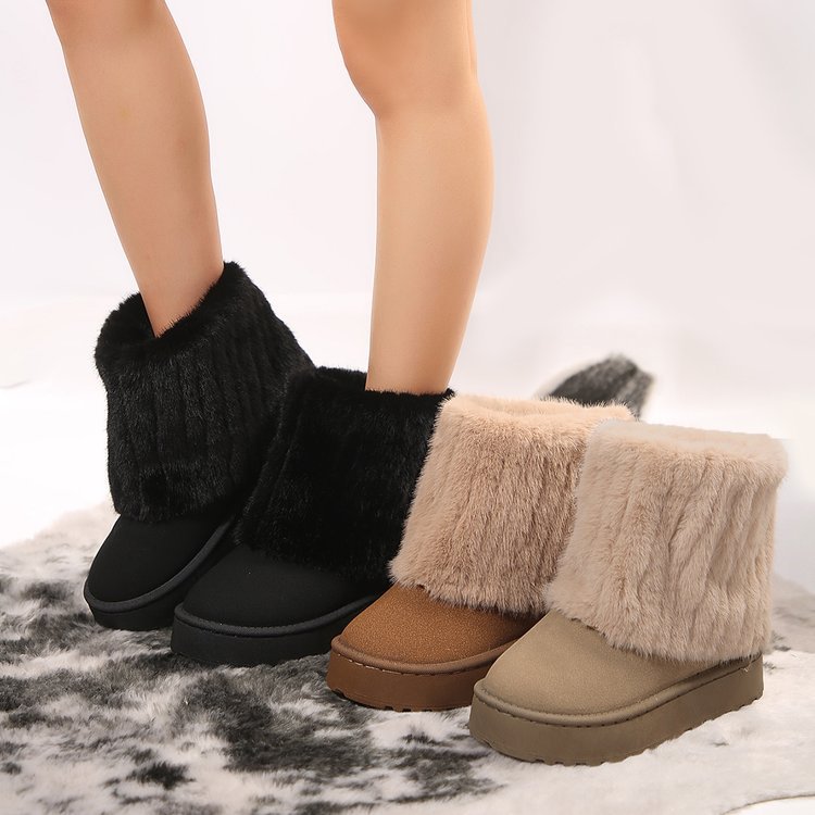 New foreign trade thick soled round toe flip over fur short tube snow boots for women, cross-border sponge sole warm and thick cotton shoes