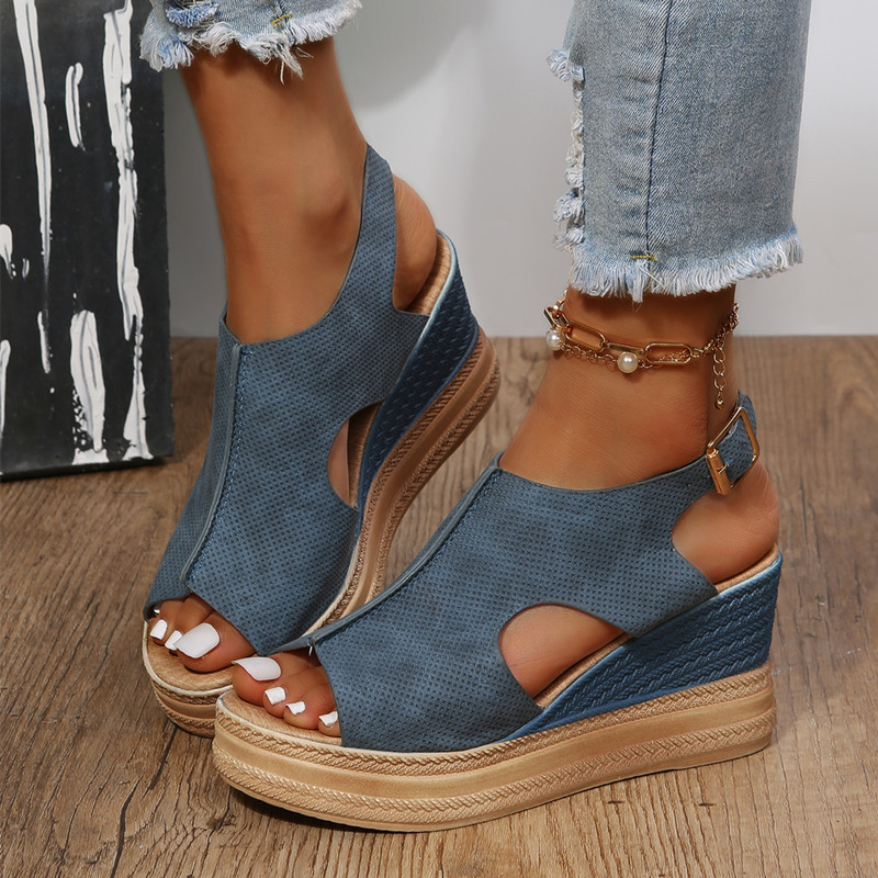 Large wedge sandals for women, wish Amazon Europe and America 2025 new style sponge cake thick sole fish mouth Roman shoes for women