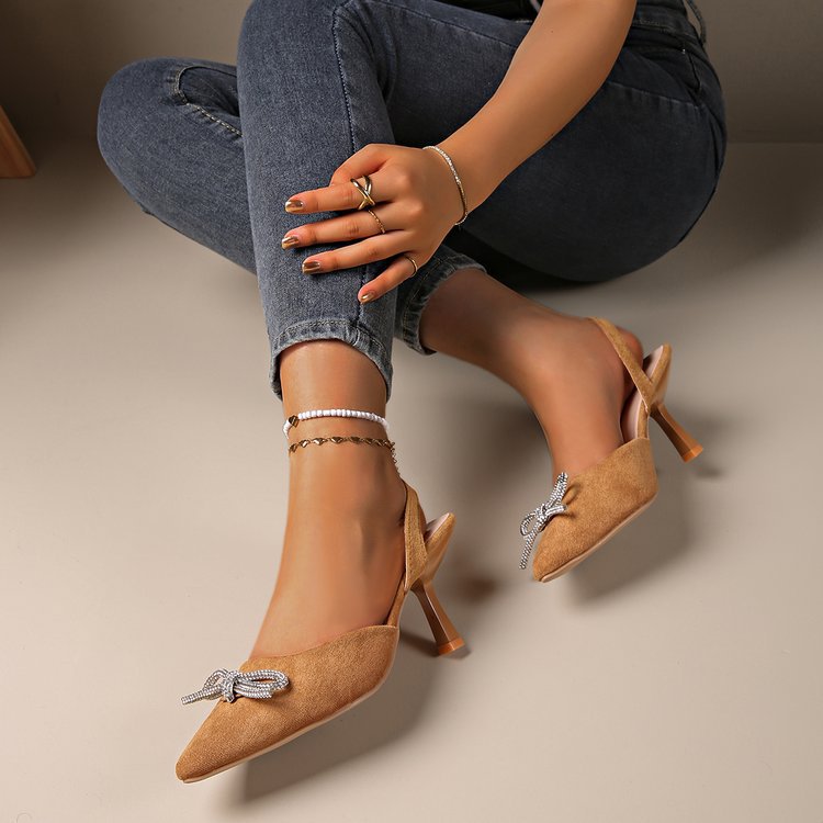 Cross border women's shoes for foreign trade, large size European and American pointed back empty sandals, rhinestone bow high heels, Mueller shoes