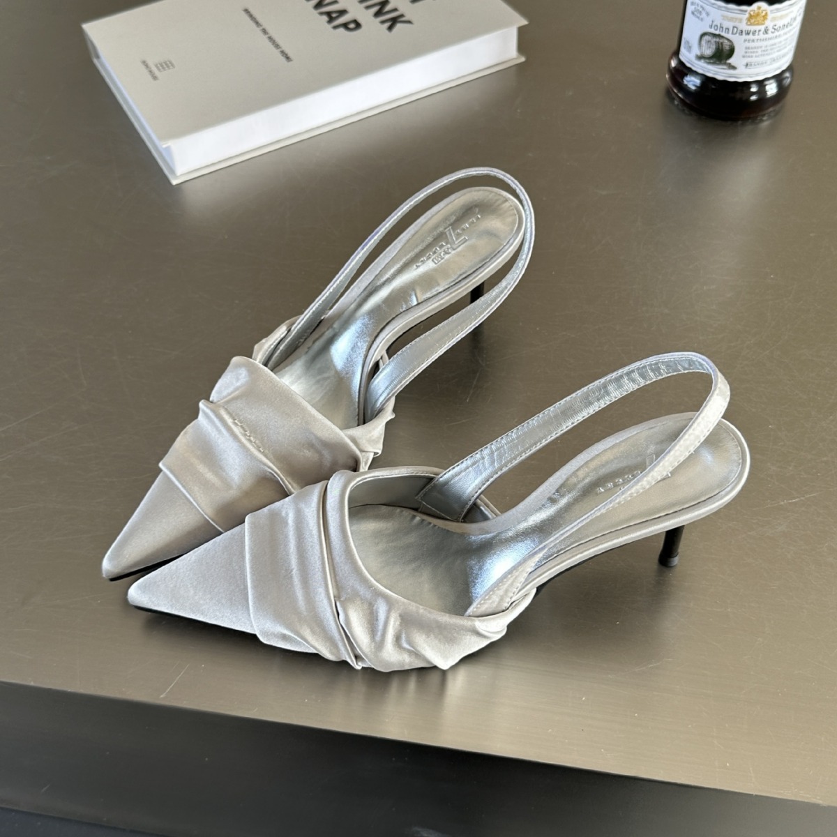 2024 Autumn New Leather Folded Small Pointed High Heels with Silk Headband Sandals, Women's Silver Evening Shoes