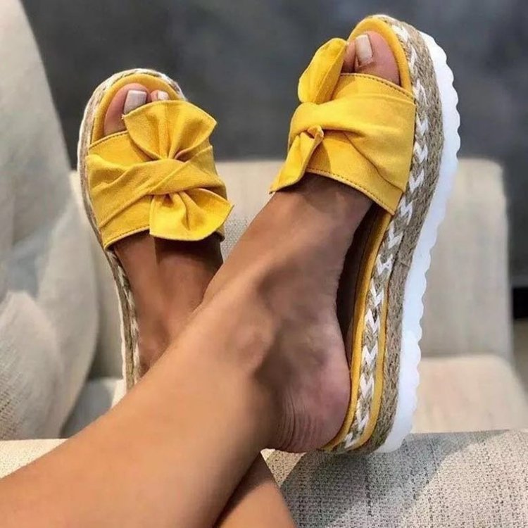 2025 European and American Summer New Style Slope Heel Bow Slippers for Women Amazon Beach Thick Bottom Hemp Rope Large Size Slippers