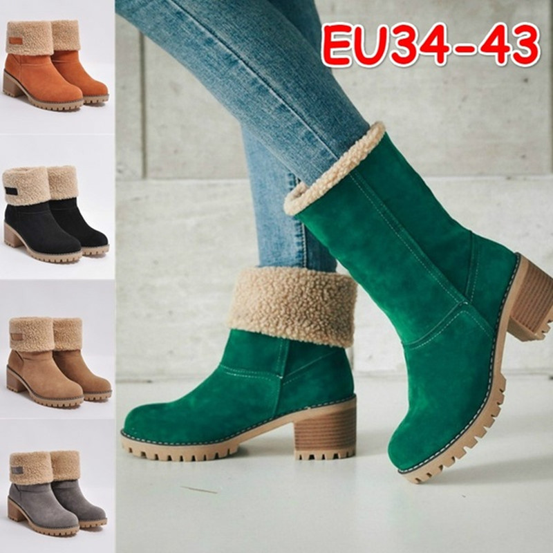 Wish Amazon's new 2025 autumn and winter European and American mid length thick heel suede snow boots, size 43, foreign trade large size cotton shoes