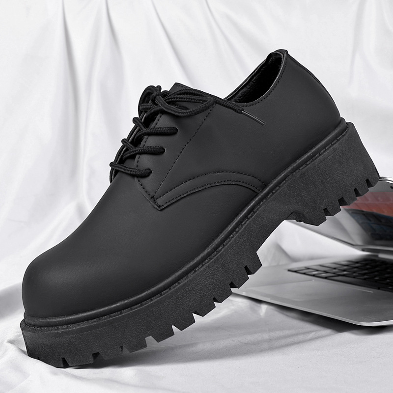 Cross border plus size men's spring casual retro thick soled high rise derby shoes for formal wear British style black big toe leather shoes