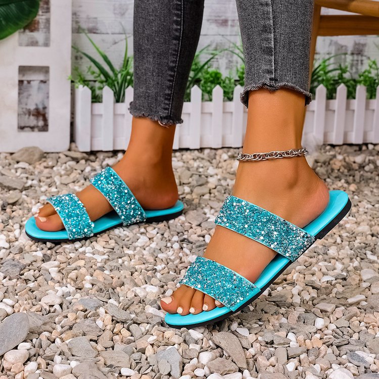 Foreign trade plus size flat bottomed sequined round toe women's sandals, summer casual beach fish mouth flat bottomed women's shoes