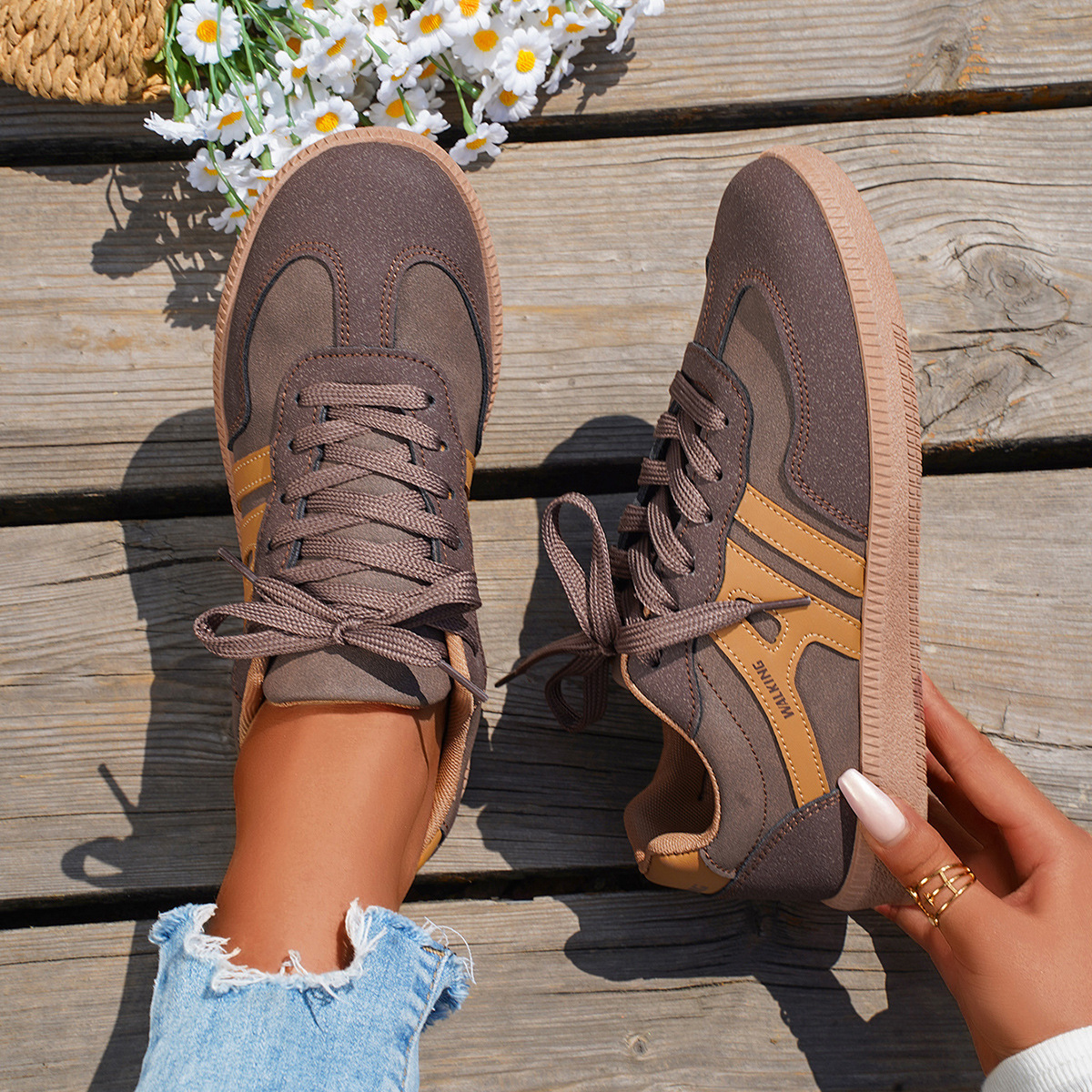 Foreign trade plus size 2026 autumn new flat bottomed casual outer wear anti slip German training shoes lace up lightweight sports shoes for women