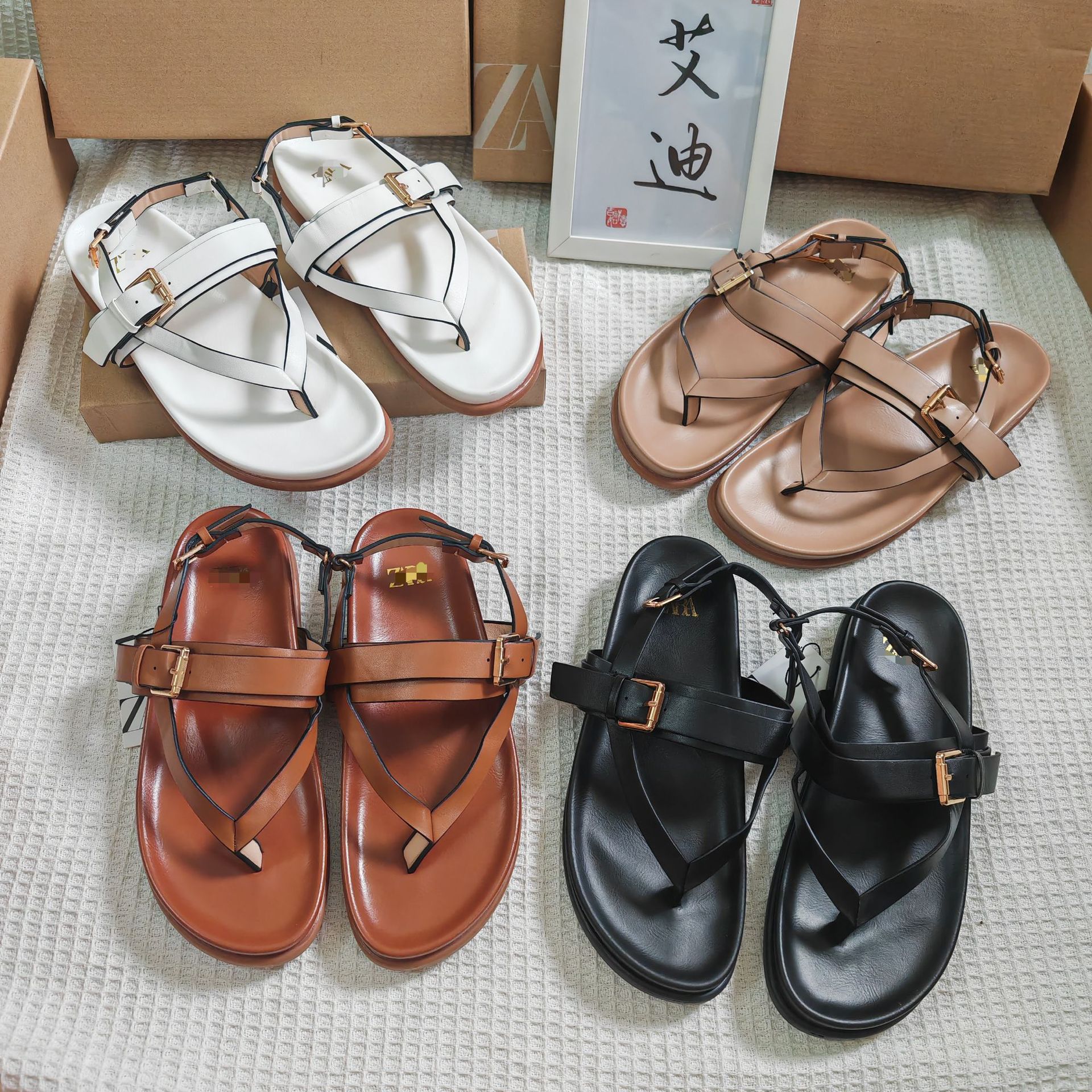 ZA Home Original Cross border Foreign Trade Hot Products Flat Shoes Women's Buckle Clamp Toe Roman Shoes Versatile Cold Slippers Factory Direct Sales