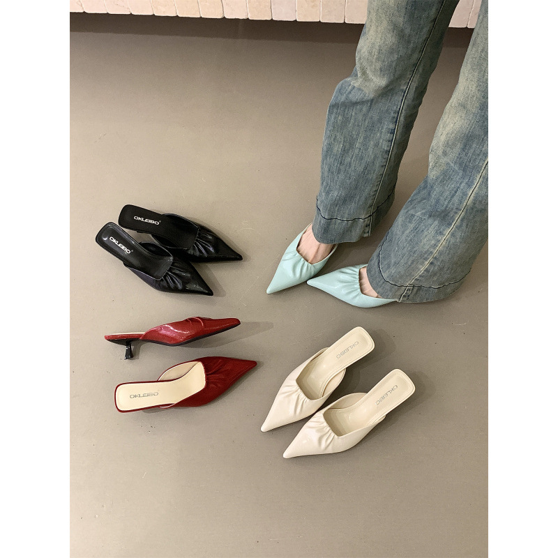 Baotou Half Slippers for Women in Summer, Wearing Thin and Fashionable Lazy Straw, 2026 New Soft Leather Pointed Middle Heel Muller Slippers