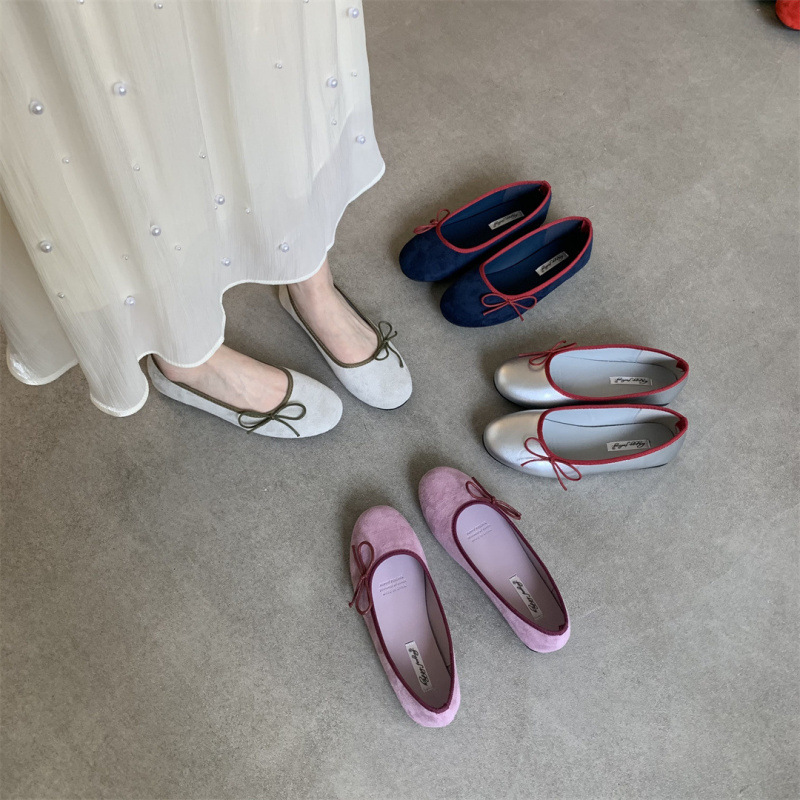 2026 Korean version suede bow round toe shallow mouth soft sole flat bottom grandma shoes gentle fairy pink ballet single shoes