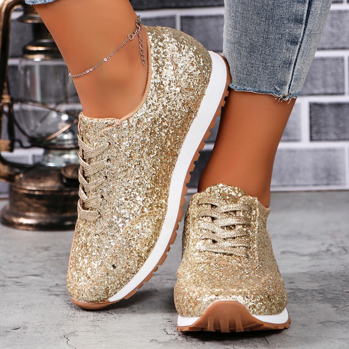 Foreign trade plus size flat bottomed casual sports single shoes for women 2025 new European and American sequin lace up Amazon cross-border single shoes