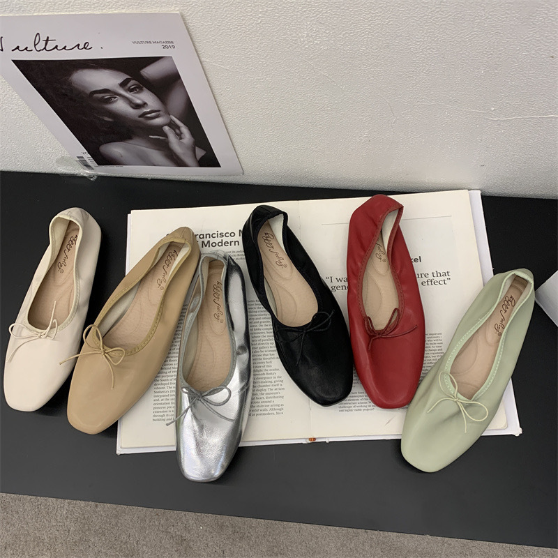 2026 Red Chicken rolls Shoes Soft soled Women's Shoes Ladle Shoes Pregnant Women's Shoes Ballet Bowknot Flat bottom Silver Single Shoes