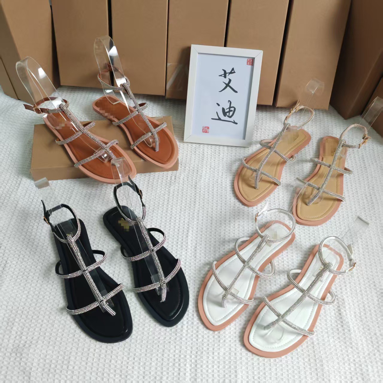 Eddie ZR Summer New Product Roman Sandals for Women, Internet Celebrity Clip Foot Clip Toe Water Diamond Serpentine Wrapping Flat Heel Fairy Style