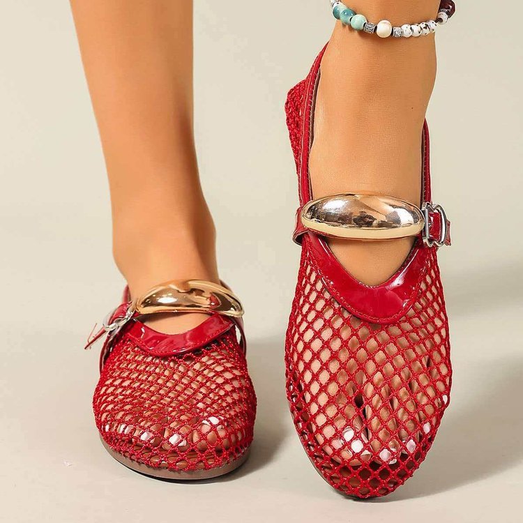 Cross border foreign trade 2026 summer new round headed fish mesh hollow ballet dance shoes fashionable flat sole shoes with a sense of luxury