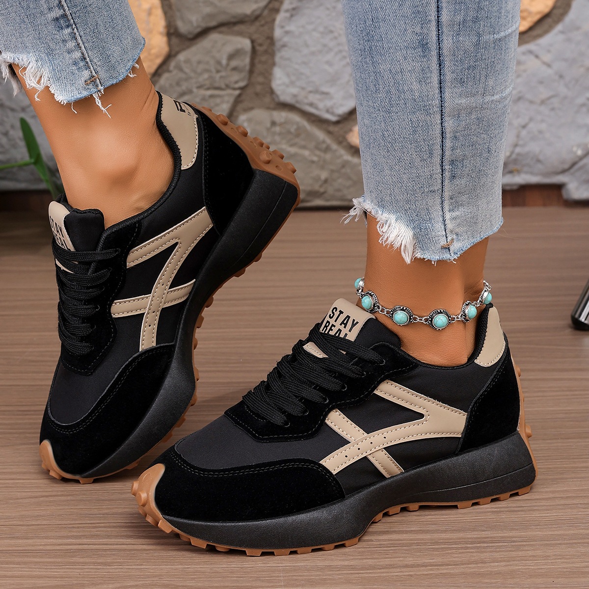 Cross border 2026 Spring New Color blocked Thick Bottom Dad Shoes Women's Casual Sports Shoes De Xun Shoes Soft Bottom Comfortable and Versatile