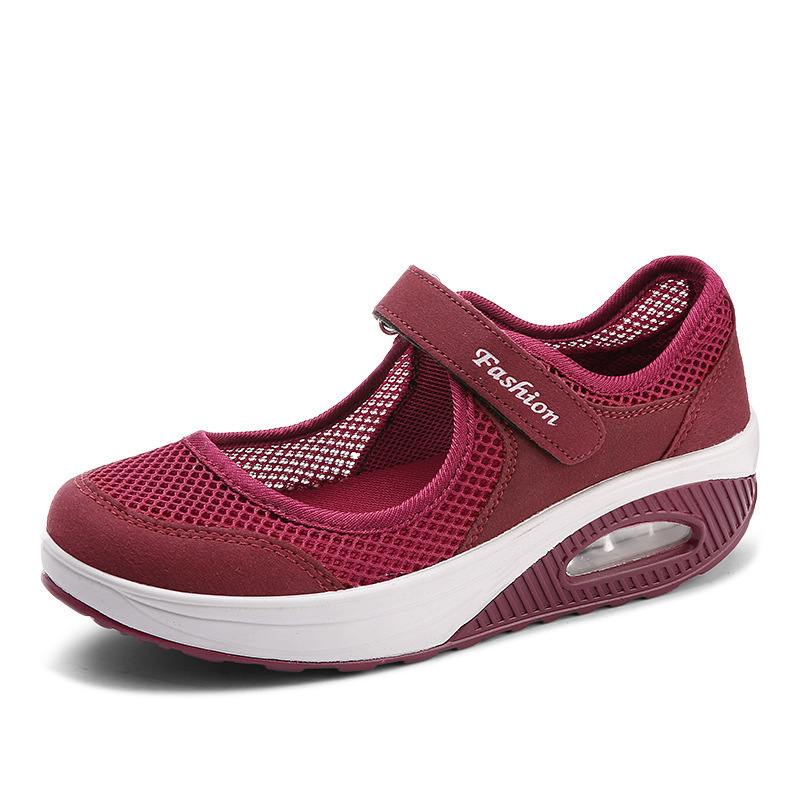 Cross border plus size single shoe for women 2025 new air cushion low top Velcro shallow mouth single shoe solid color mesh women's shoe