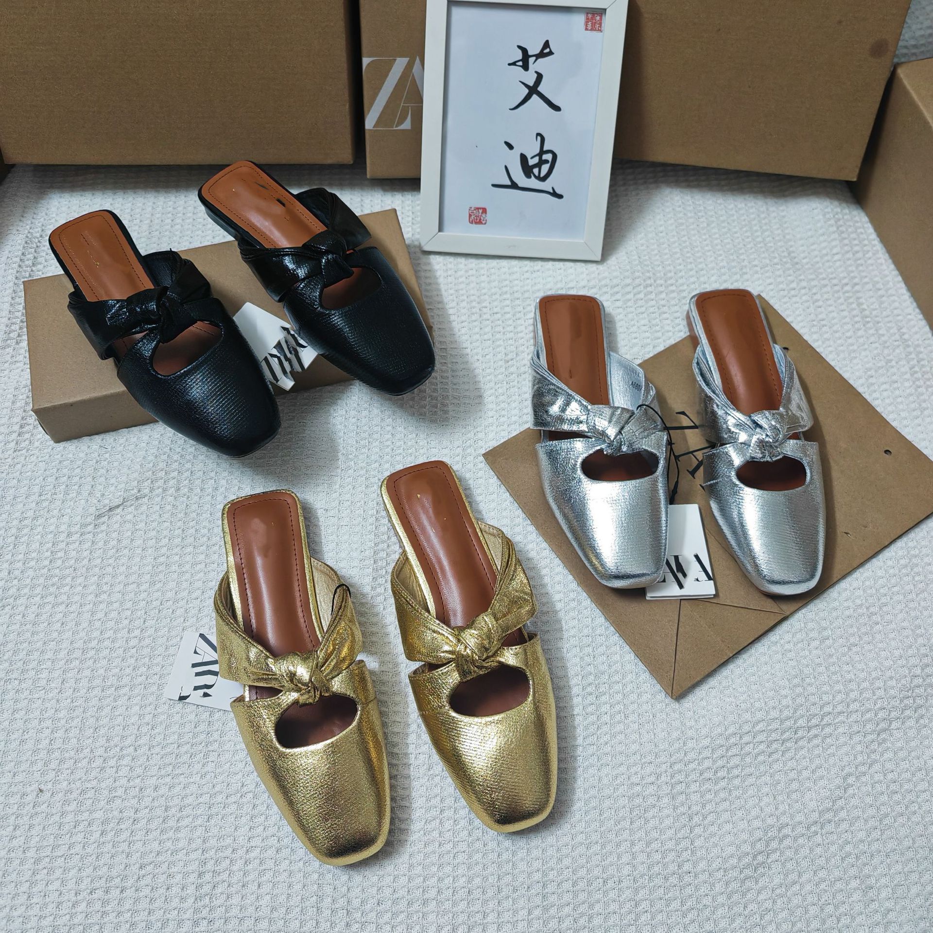 Eddie Foreign Trade ZA Spain Flat Shoes 2026 Autumn Versatile Small Bow Design Half Dragged Thick Heel Square Head Female