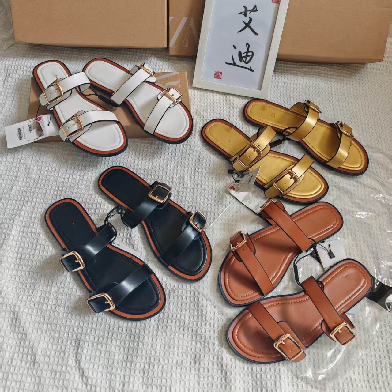 Cross border Instagram new explosive ZAR original flat shoes, women's belt buckle sandals, European and American one-piece slippers, sandals