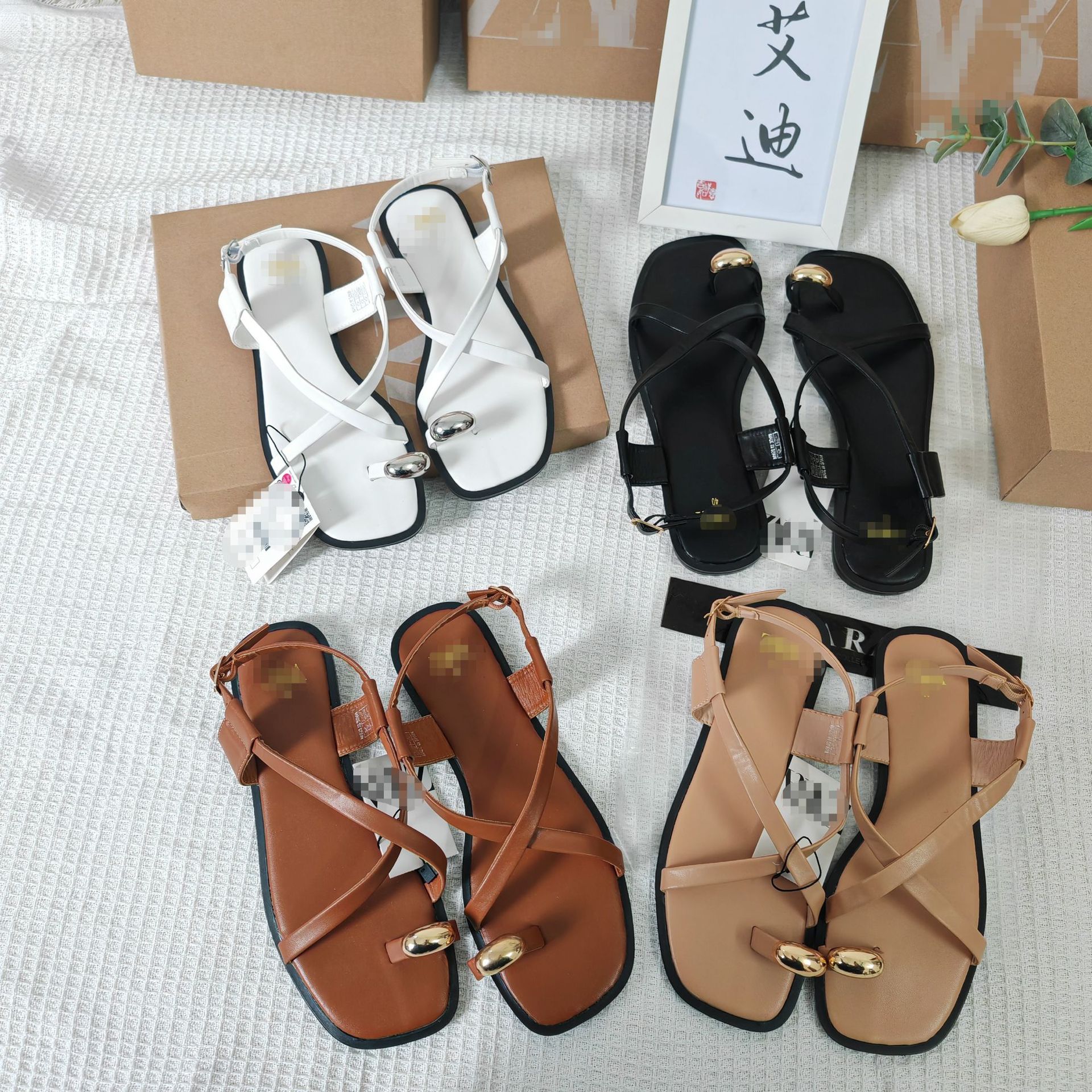 ZAR women's shoes, a popular foreign trade item, cross-border ring flat sandals, cross strap design, buckle women's shoes, slippers